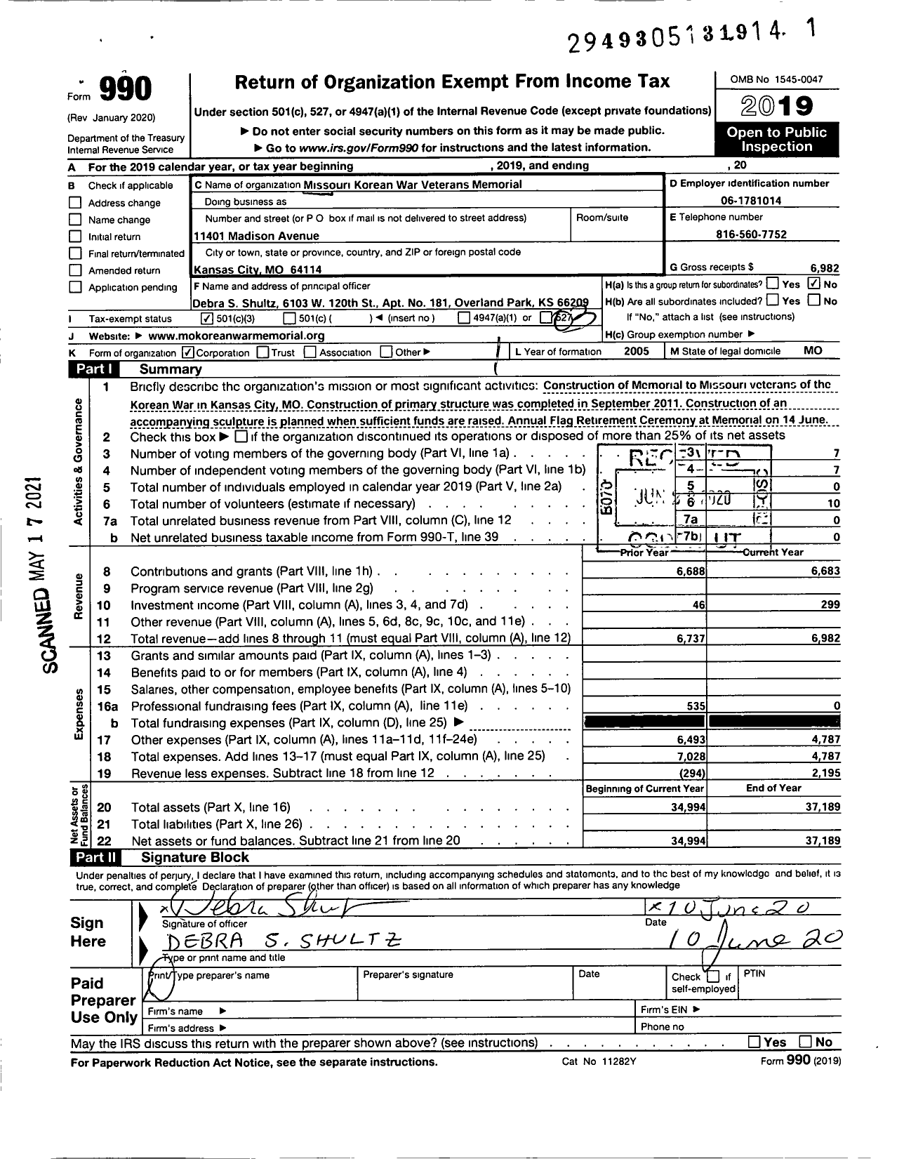 Image of first page of 2019 Form 990 for Missouri Korean War Veterans Memorial