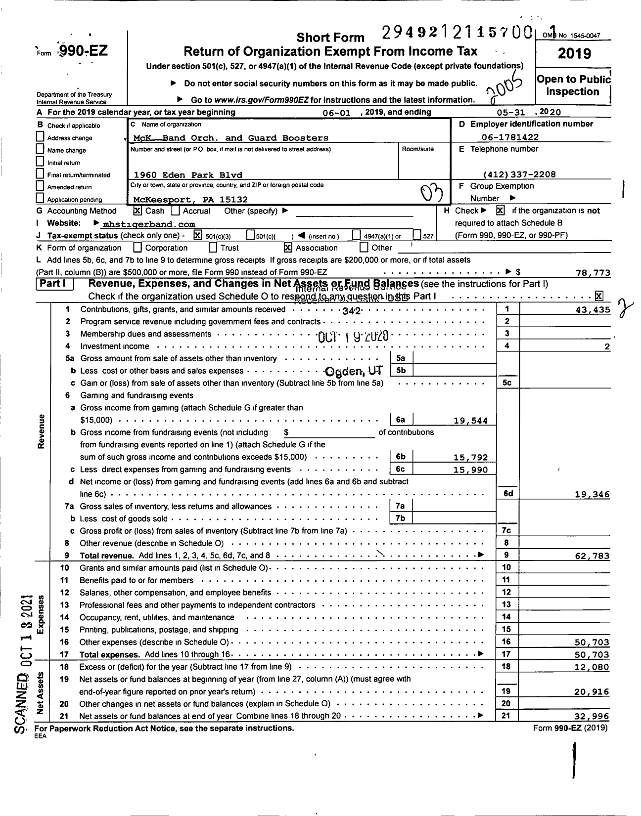 Image of first page of 2019 Form 990EZ for Mckeesport Band Orchestra and Guard Boosters