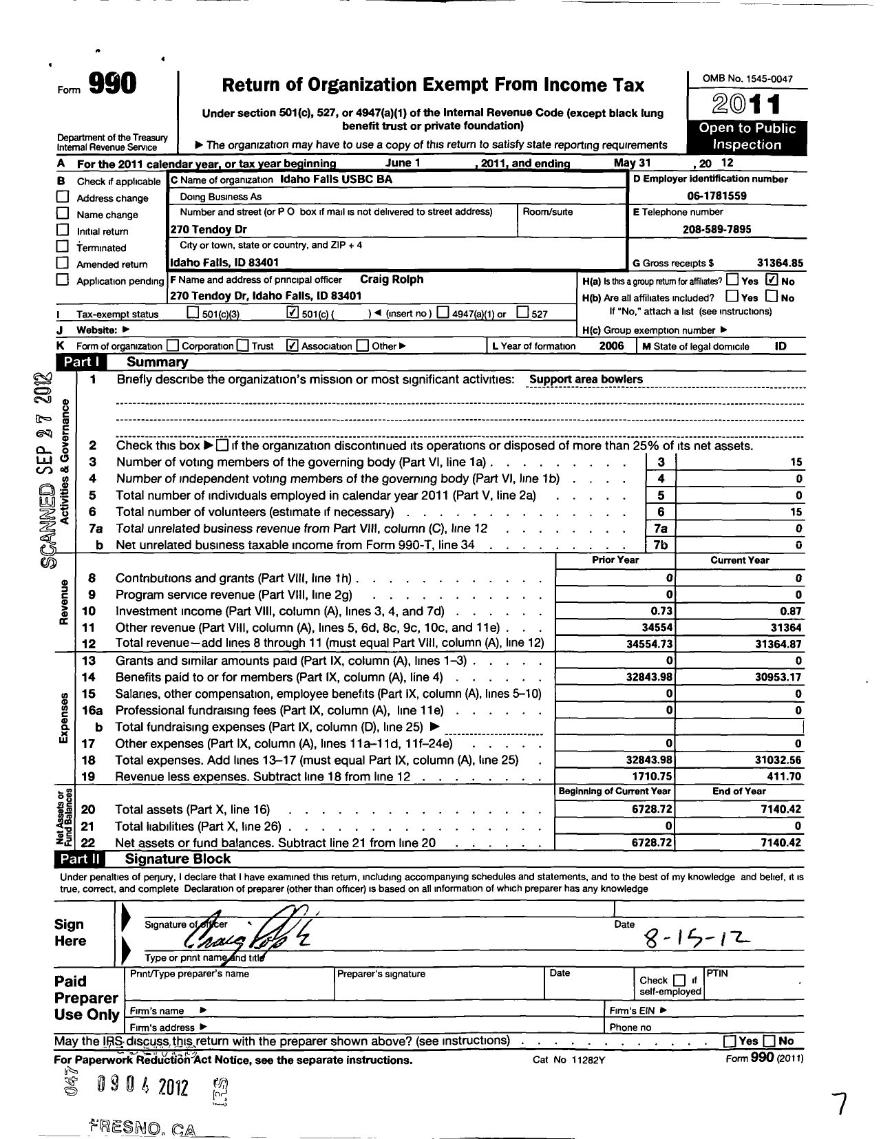 Image of first page of 2011 Form 990O for United States Bowling Congress - 86475 Idaho Falls Usbc