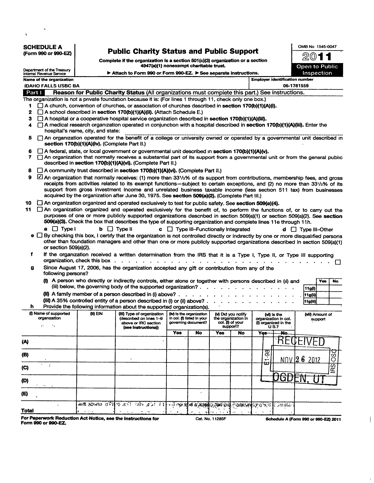 Image of first page of 2011 Form 990R for United States Bowling Congress - 86475 Idaho Falls Usbc