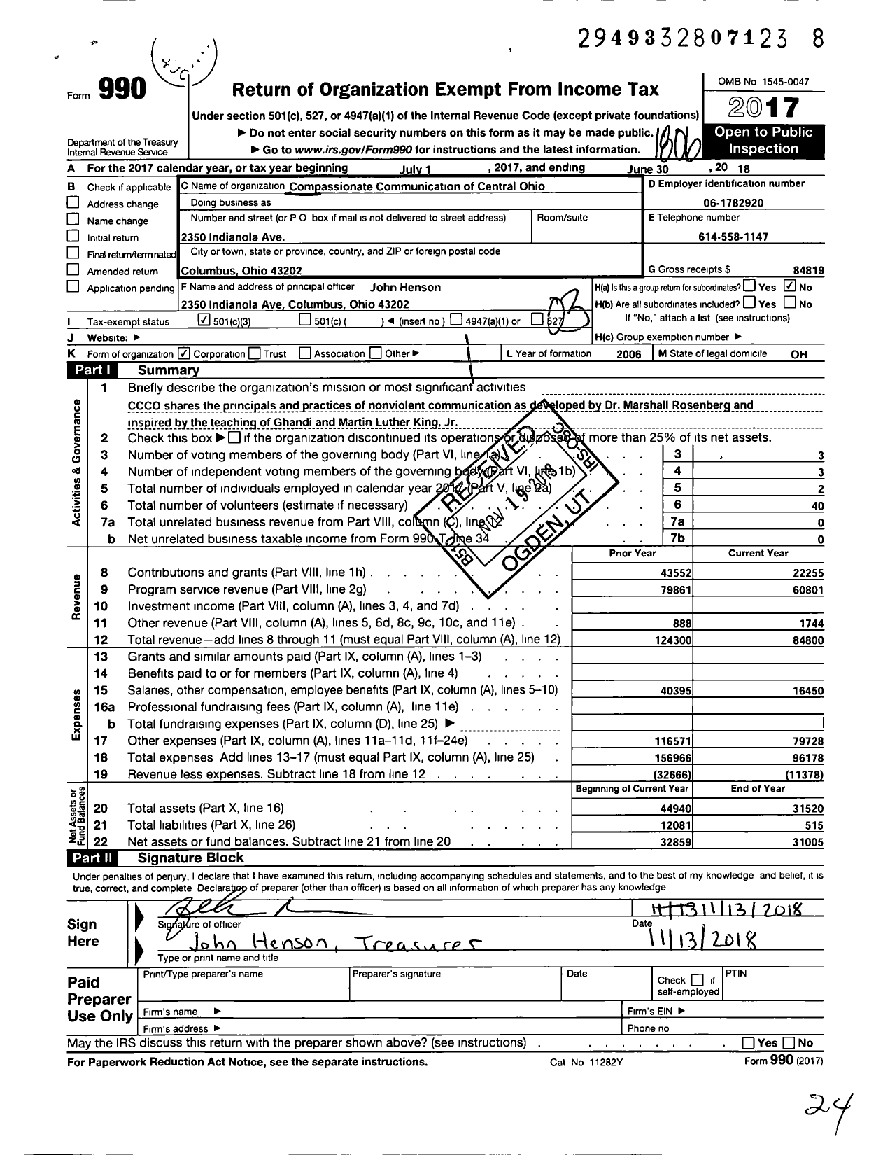 Image of first page of 2017 Form 990 for Compassionate Communication Center of Ohio