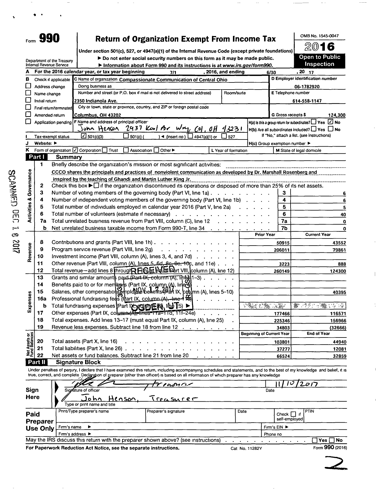 Image of first page of 2016 Form 990 for Compassionate Communication Center of Ohio