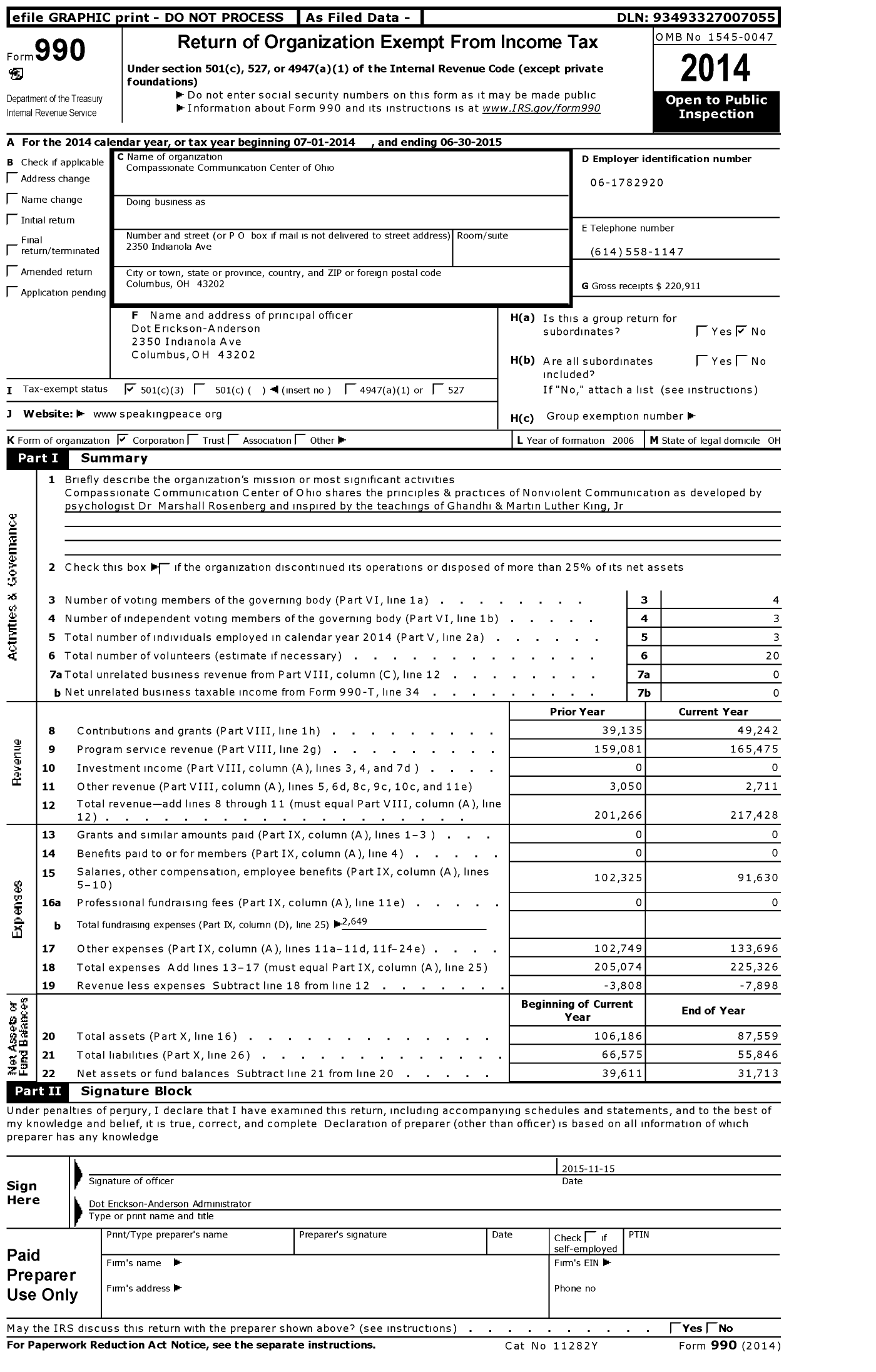 Image of first page of 2014 Form 990 for Compassionate Communication Center of Ohio