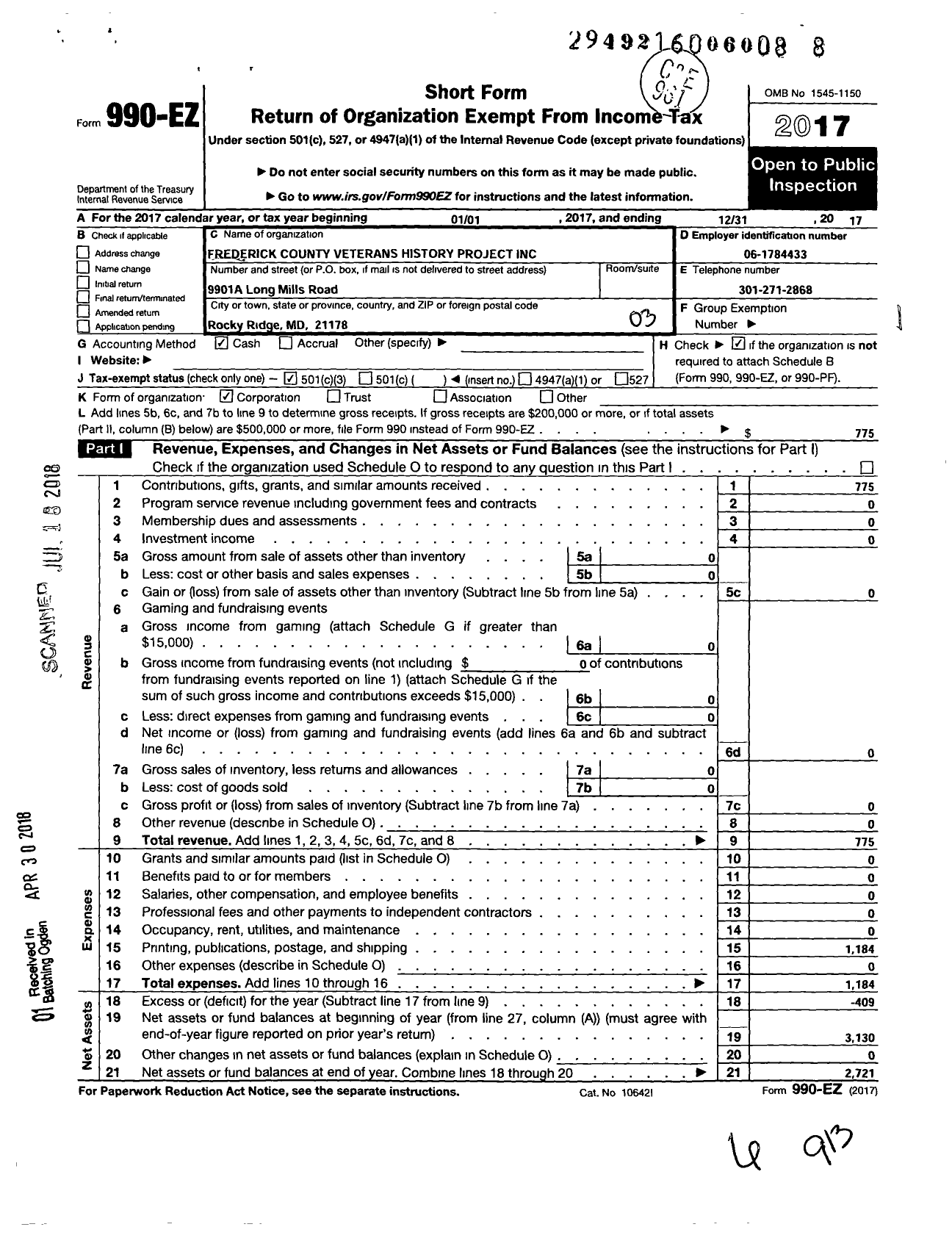 Image of first page of 2017 Form 990EZ for Frederick County Veterans History Project