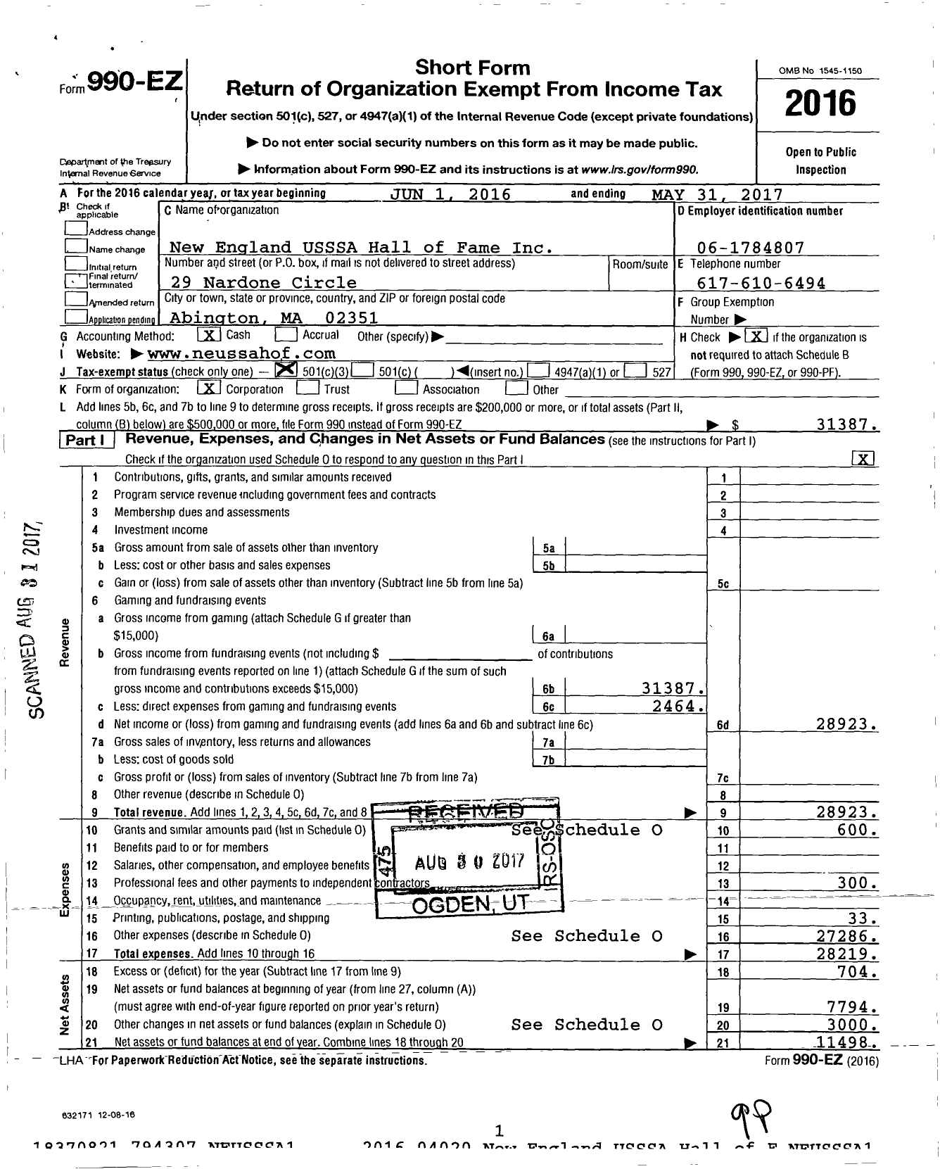 Image of first page of 2016 Form 990EZ for New England USSSA Hall of Fame