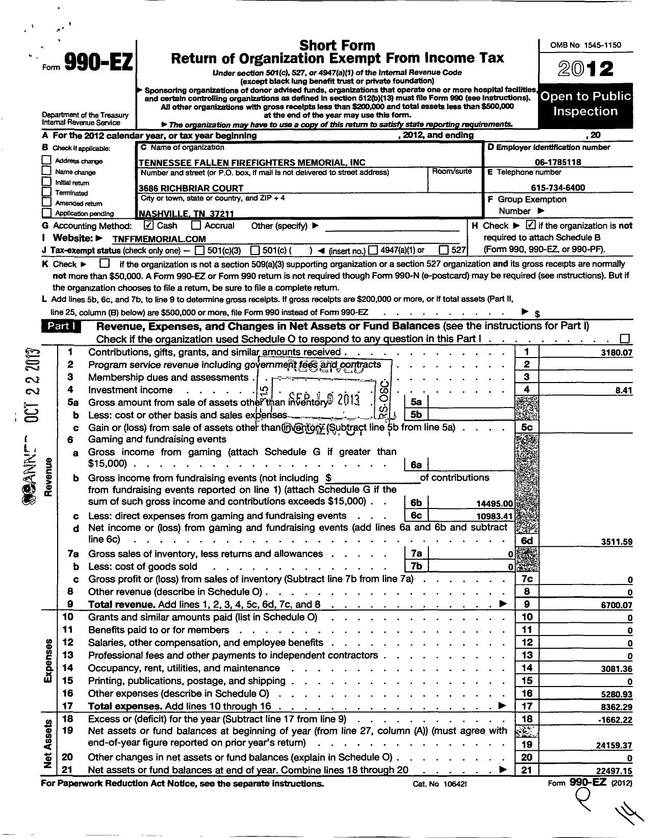 Image of first page of 2012 Form 990EO for Tennessee Fallen Firefighters Memorial