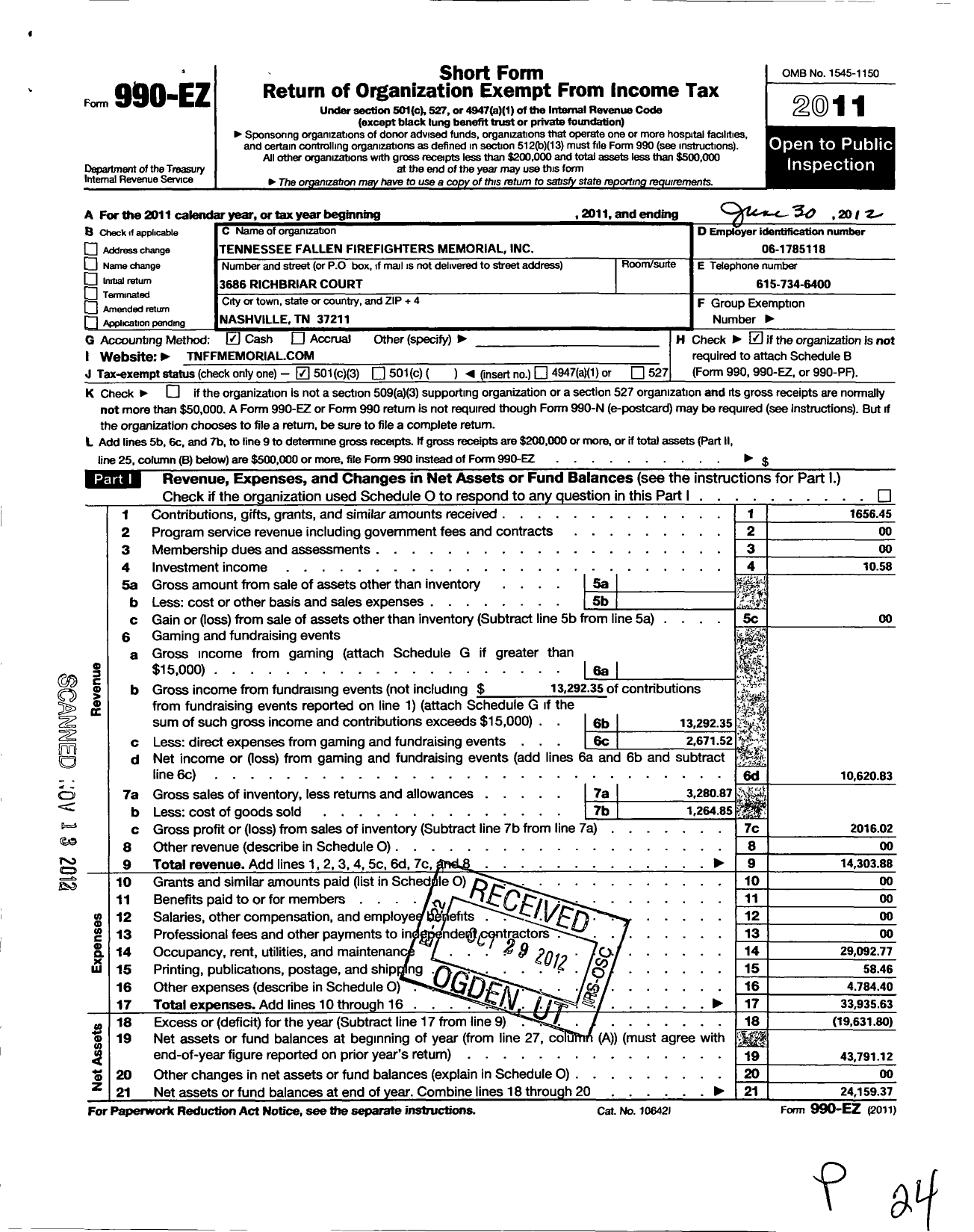 Image of first page of 2011 Form 990EZ for Tennessee Fallen Firefighters Memorial