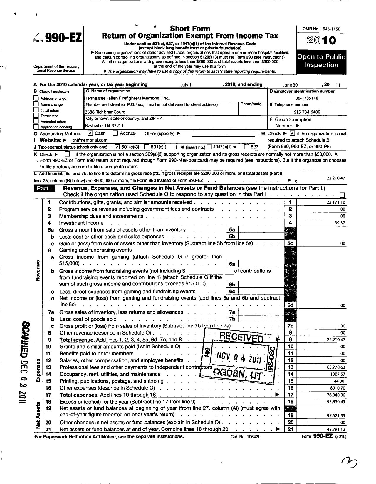 Image of first page of 2010 Form 990EZ for Tennessee Fallen Firefighters Memorial