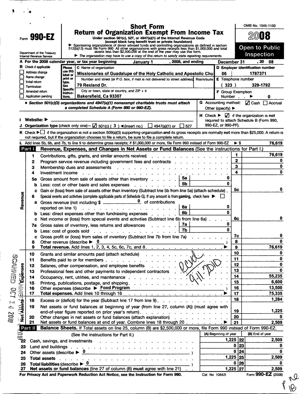 Image of first page of 2008 Form 990EZ for Missionaries of Guadalupe of the Catholic and Apostolic Church of Christ