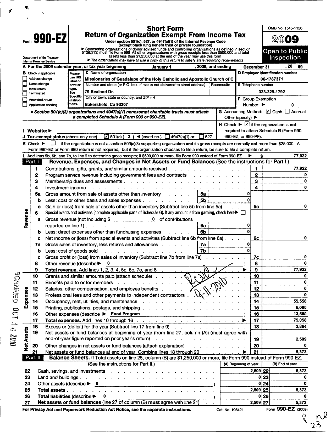 Image of first page of 2009 Form 990EZ for Missionaries of Guadalupe of the Catholic and Apostolic Church of Christ