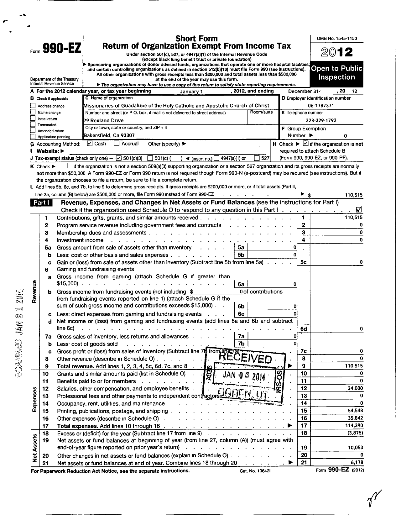 Image of first page of 2012 Form 990EZ for Missionaries of Guadalupe of the Catholic and Apostolic Church of Christ