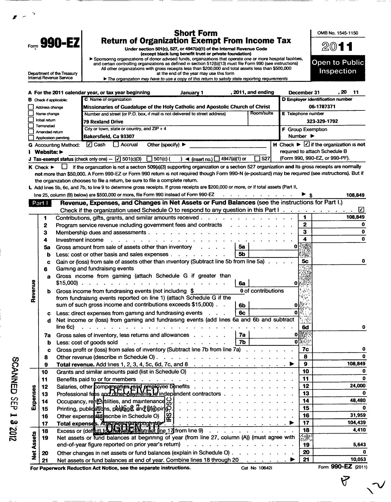 Image of first page of 2011 Form 990EZ for Missionaries of Guadalupe of the Catholic and Apostolic Church of Christ