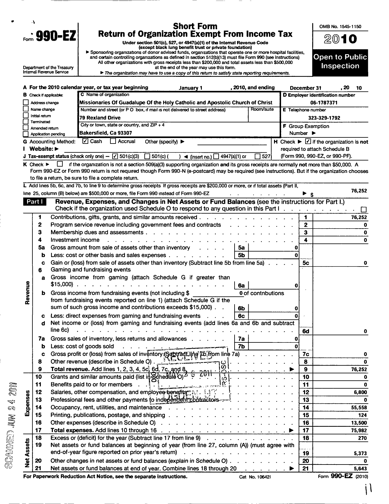 Image of first page of 2010 Form 990EZ for Missionaries of Guadalupe of the Catholic and Apostolic Church of Christ