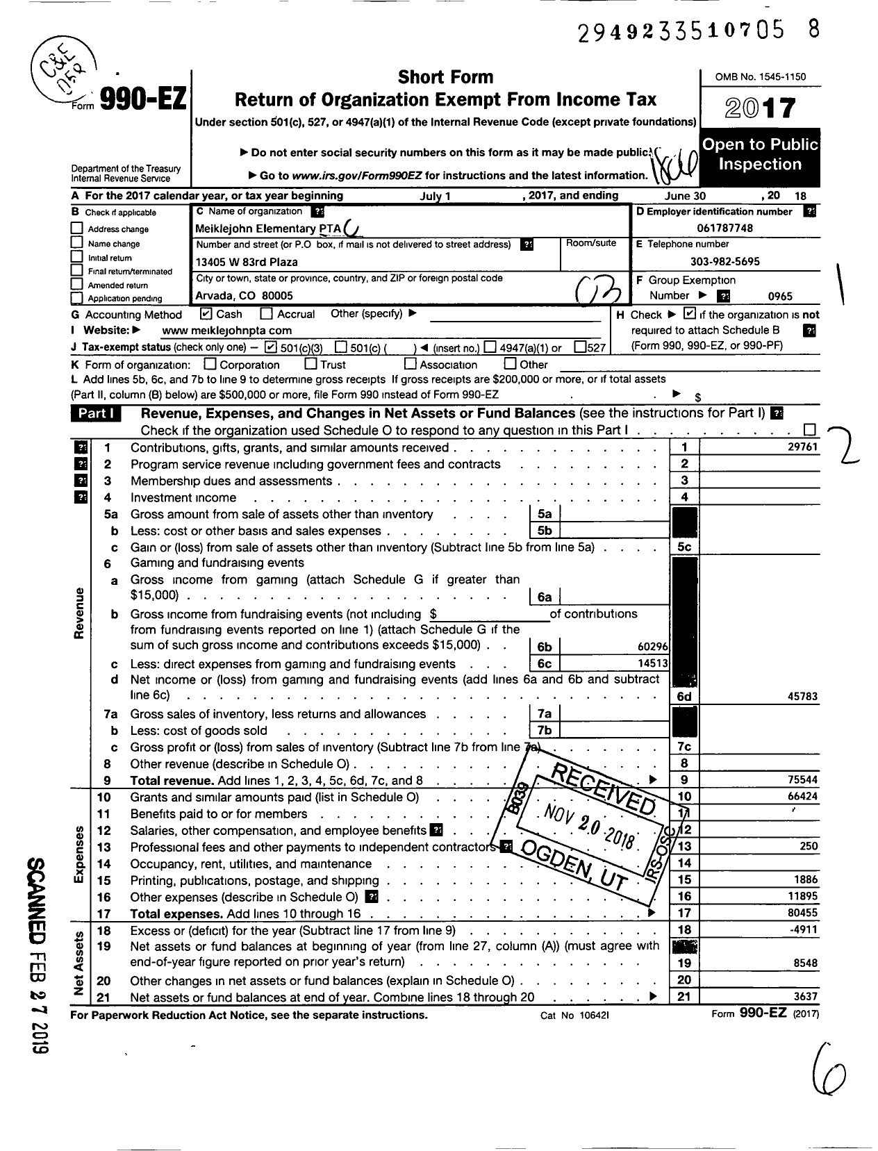 Image of first page of 2017 Form 990EZ for Colorado Congress of Parents Teachers and Students / Meiklejohn PTA