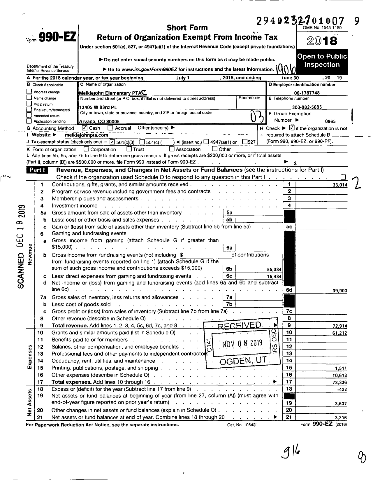Image of first page of 2018 Form 990EZ for Colorado Congress of Parents Teachers and Students / Meiklejohn PTA