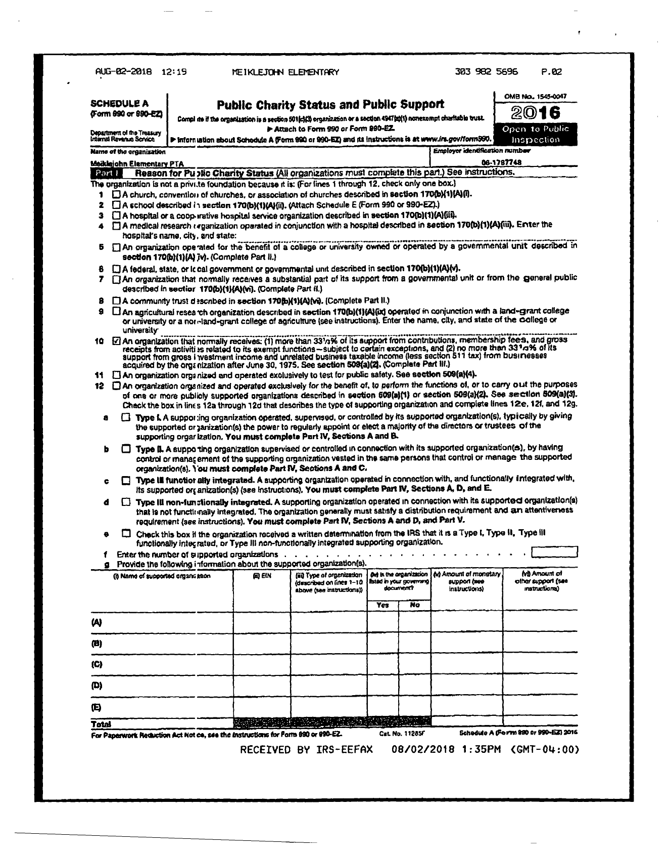 Image of first page of 2016 Form 990ER for Colorado Congress of Parents Teachers and Students / Meiklejohn PTA