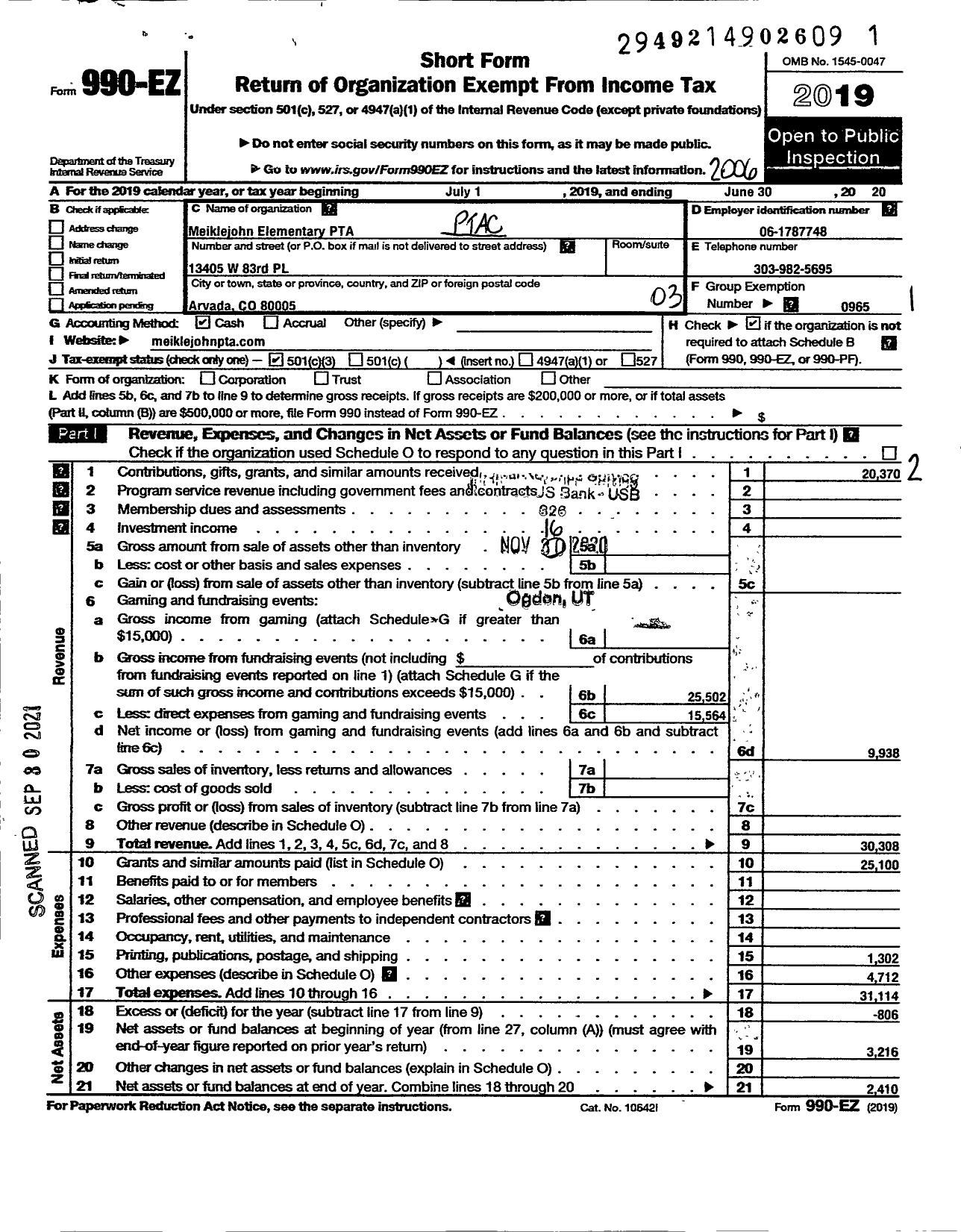 Image of first page of 2019 Form 990EZ for Colorado Congress of Parents Teachers and Students / Meiklejohn PTA