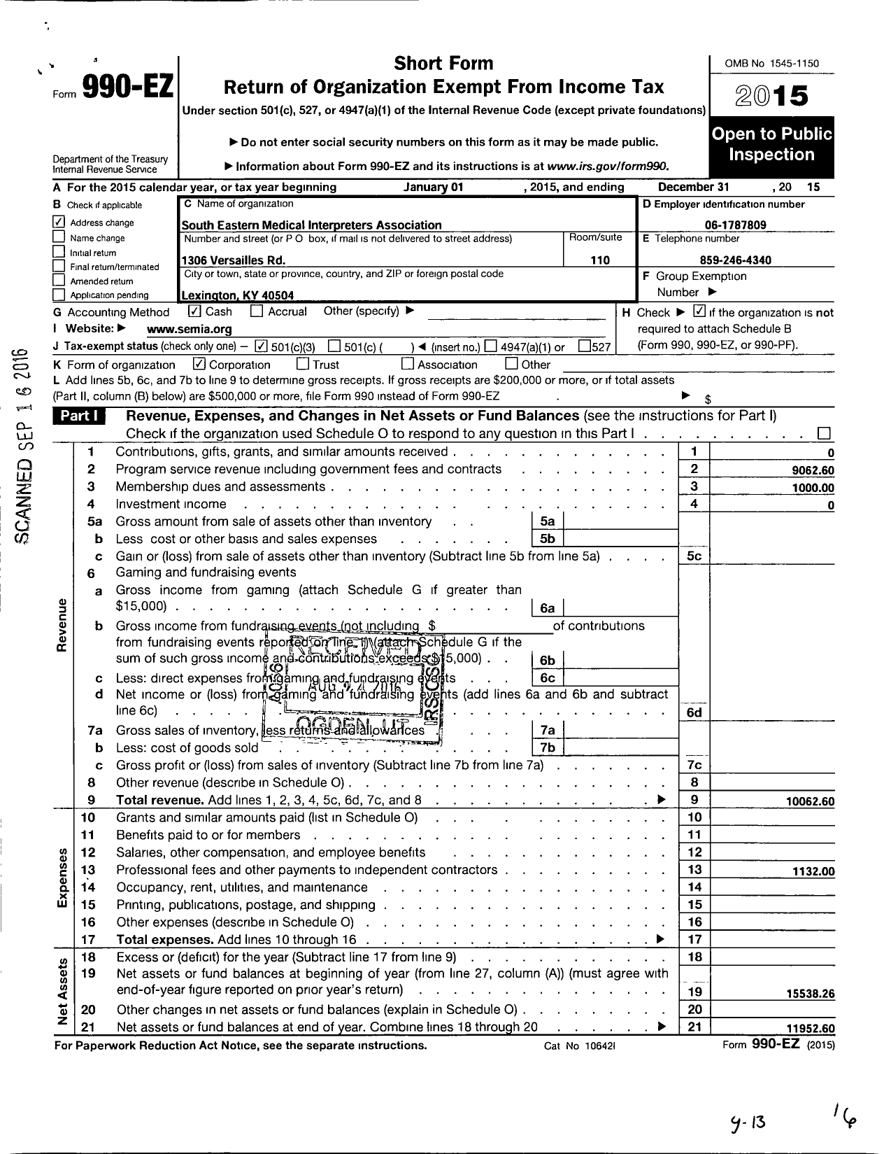 Image of first page of 2015 Form 990EZ for Kentucky Interpreter and Translator Association