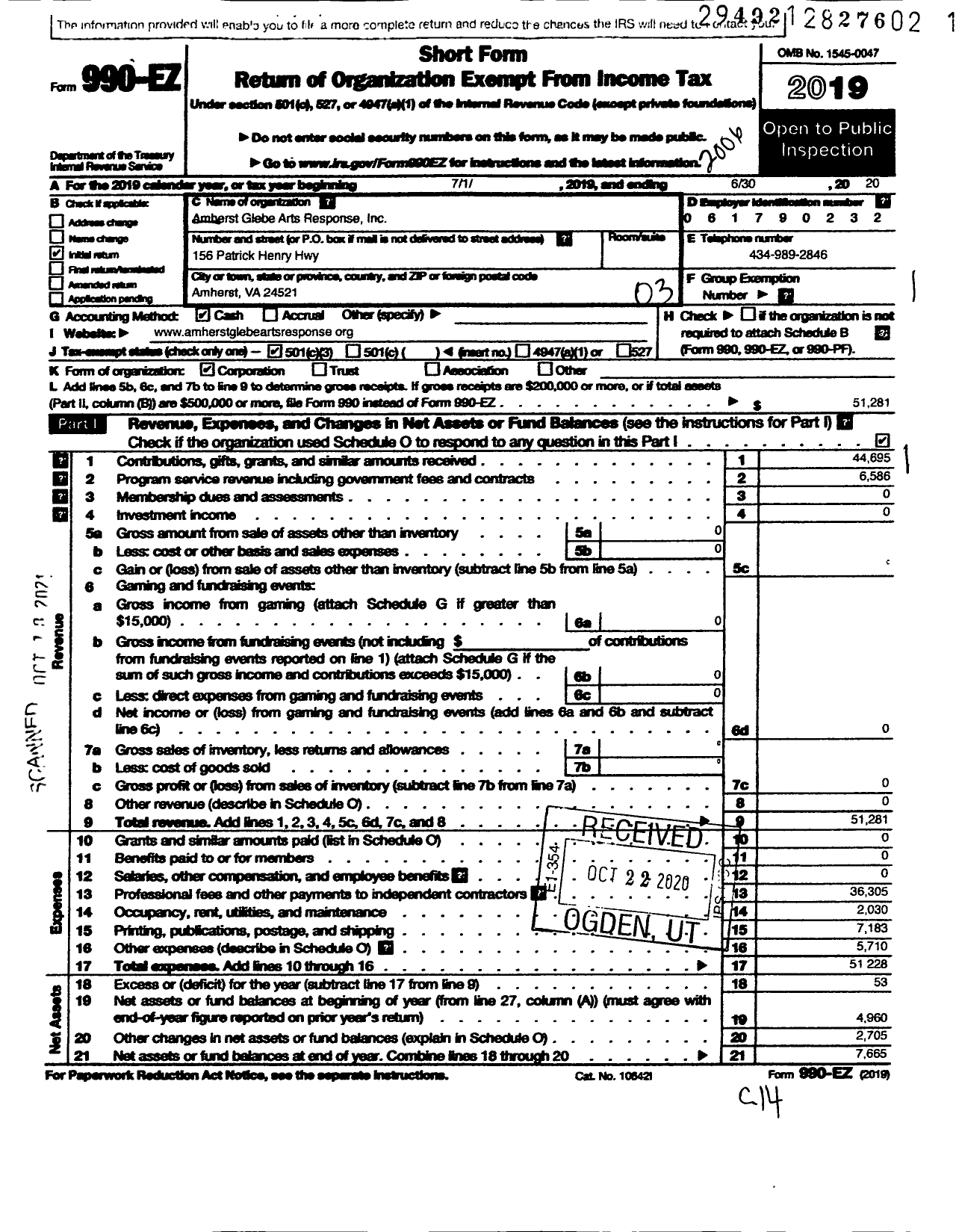 Image of first page of 2019 Form 990EZ for Amherst Glebe Arts Response