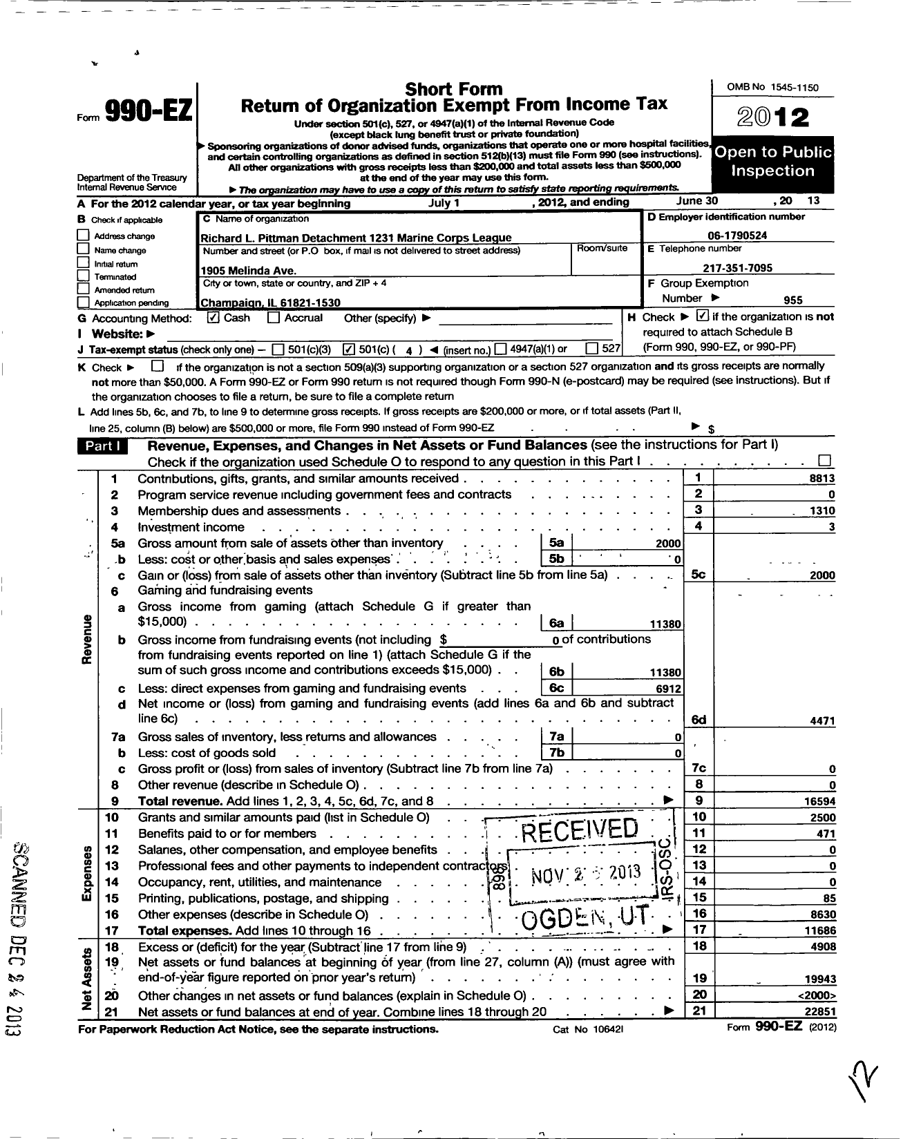 Image of first page of 2012 Form 990EO for Marine Corps League