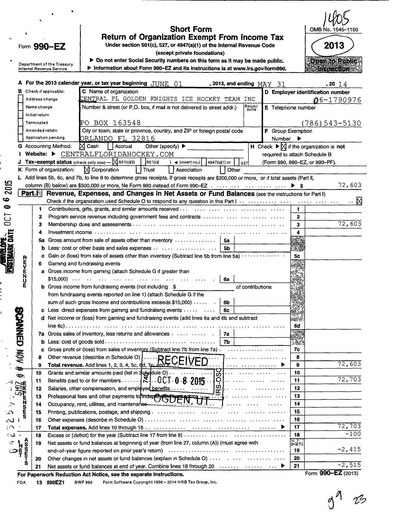 Image of first page of 2013 Form 990EZ for Central Florida Golden Knights Ice Hockey Team