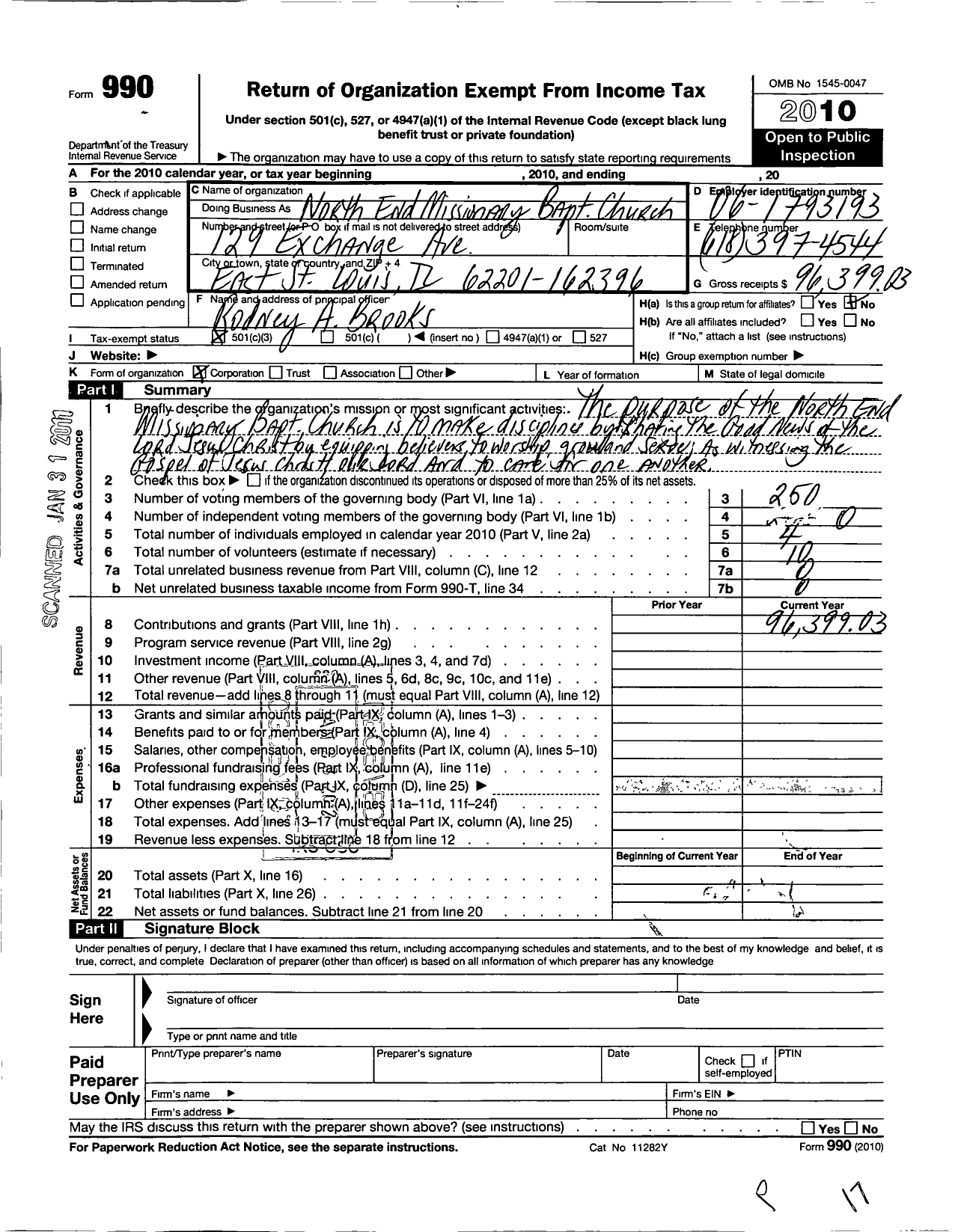 Image of first page of 2010 Form 990 for North End Missionary Bapt Church