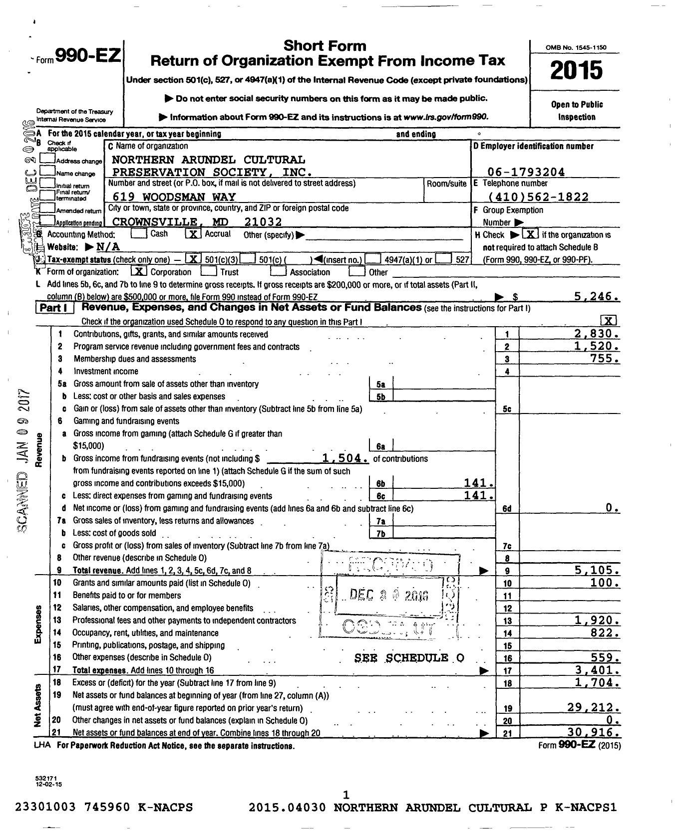 Image of first page of 2015 Form 990EZ for Northern Arundel Cultural Preservation Society (NACPS)