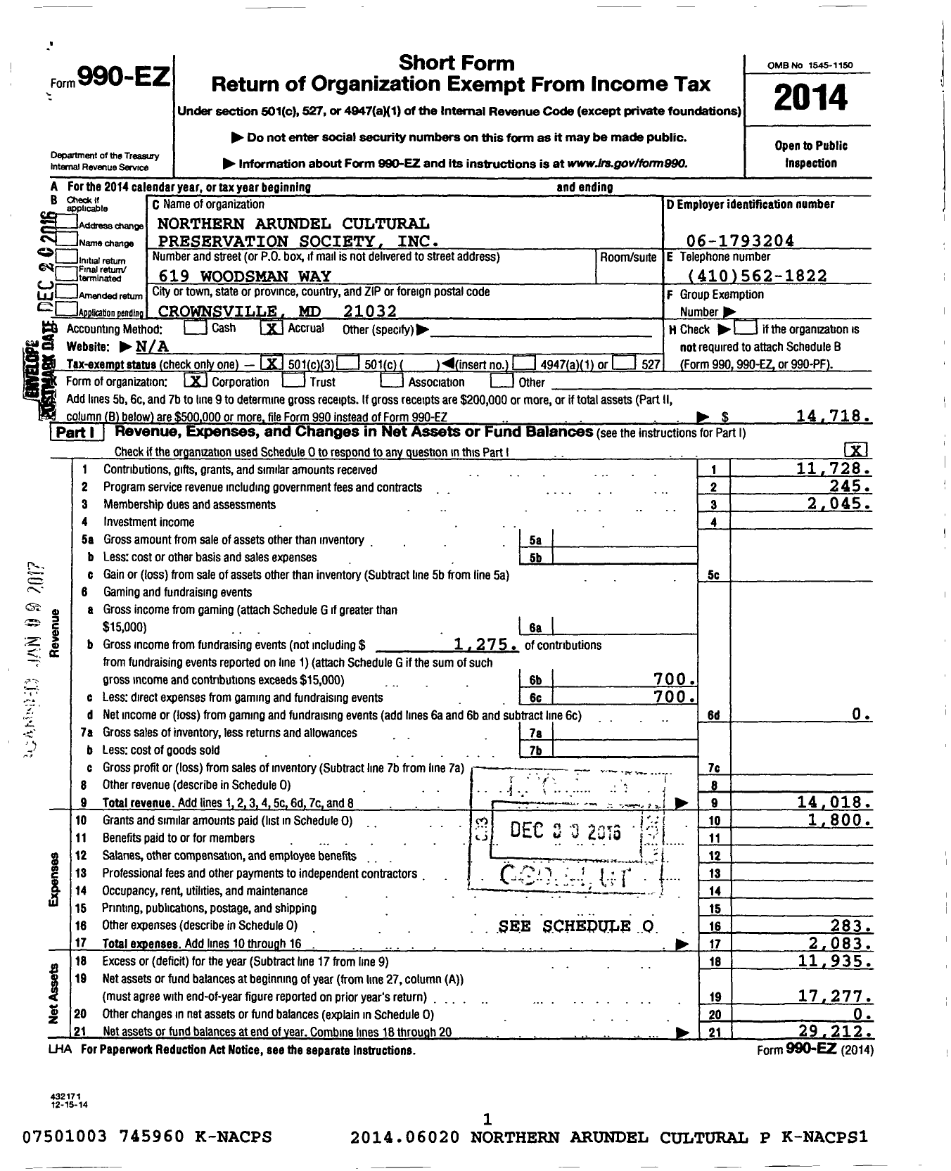 Image of first page of 2014 Form 990EZ for Northern Arundel Cultural Preservation Society (NACPS)