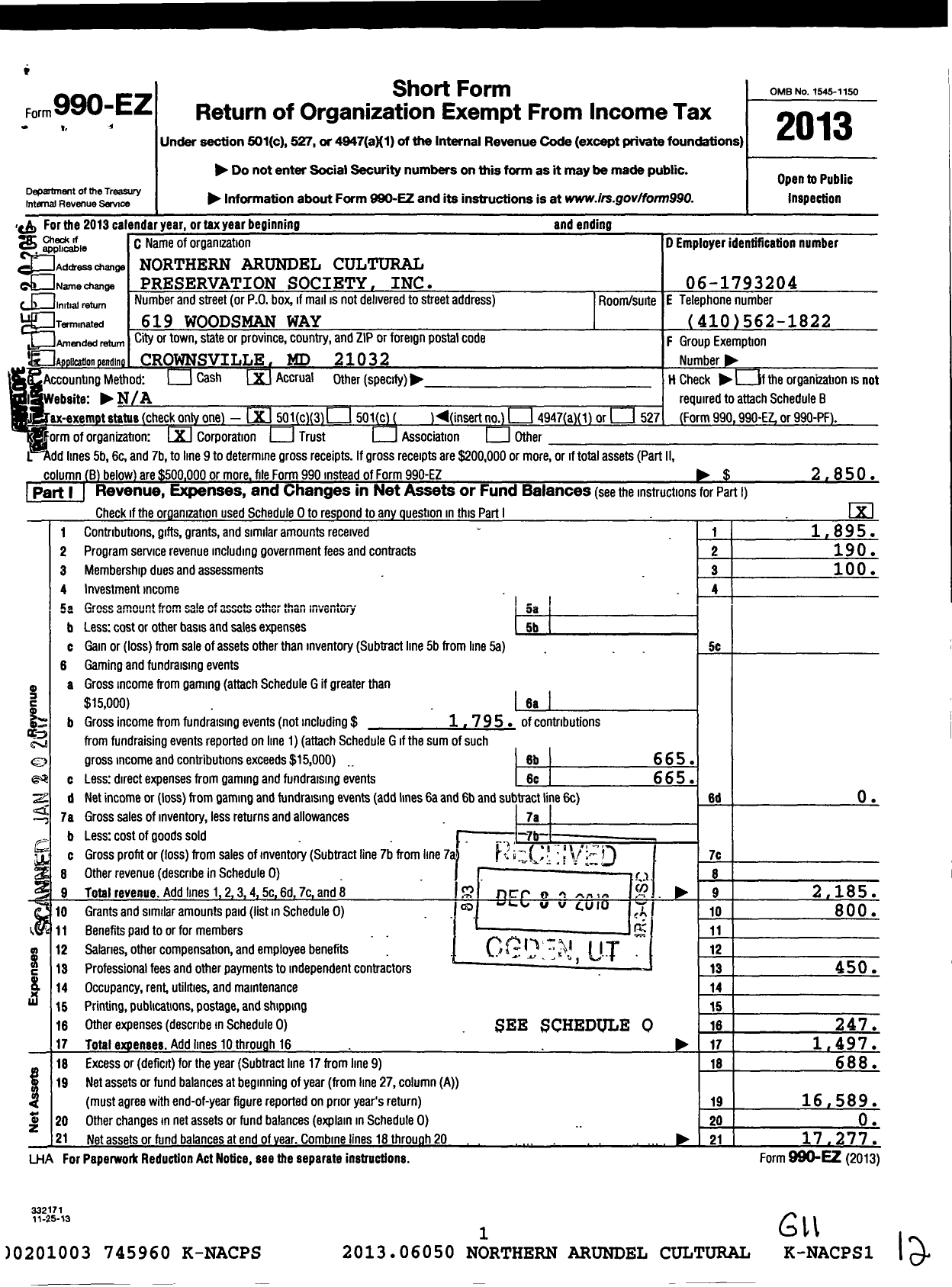 Image of first page of 2013 Form 990EZ for Northern Arundel Cultural Preservation Society (NACPS)