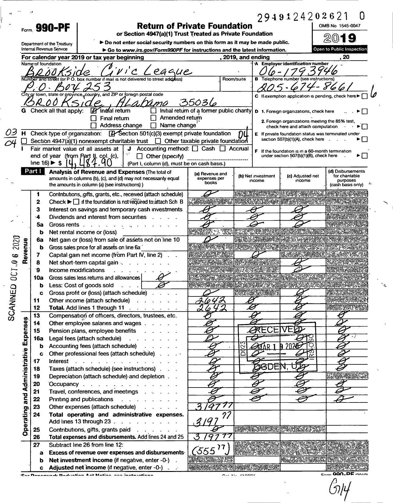 Image of first page of 2019 Form 990PR for Brookside Neighborhood Assocation