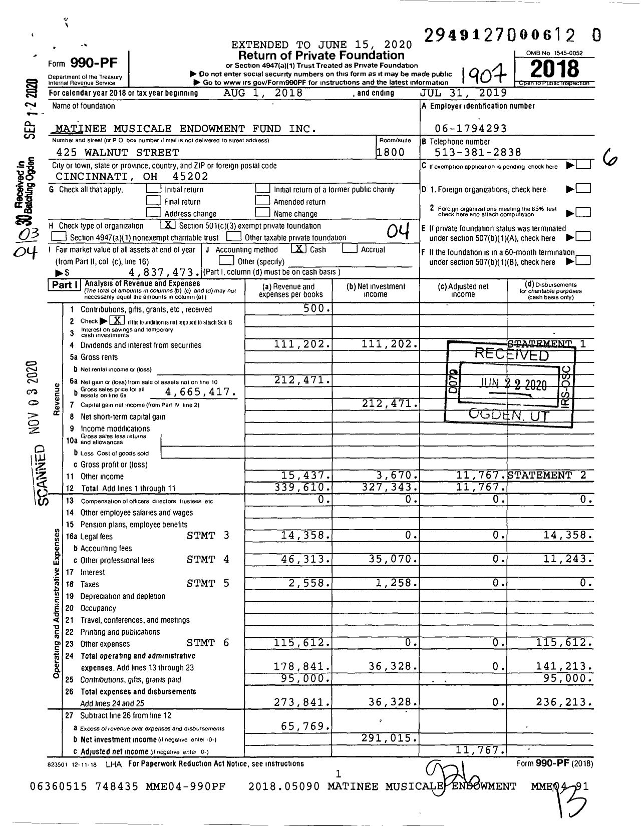 Image of first page of 2018 Form 990PF for Matinee Musicale Endowment Fund