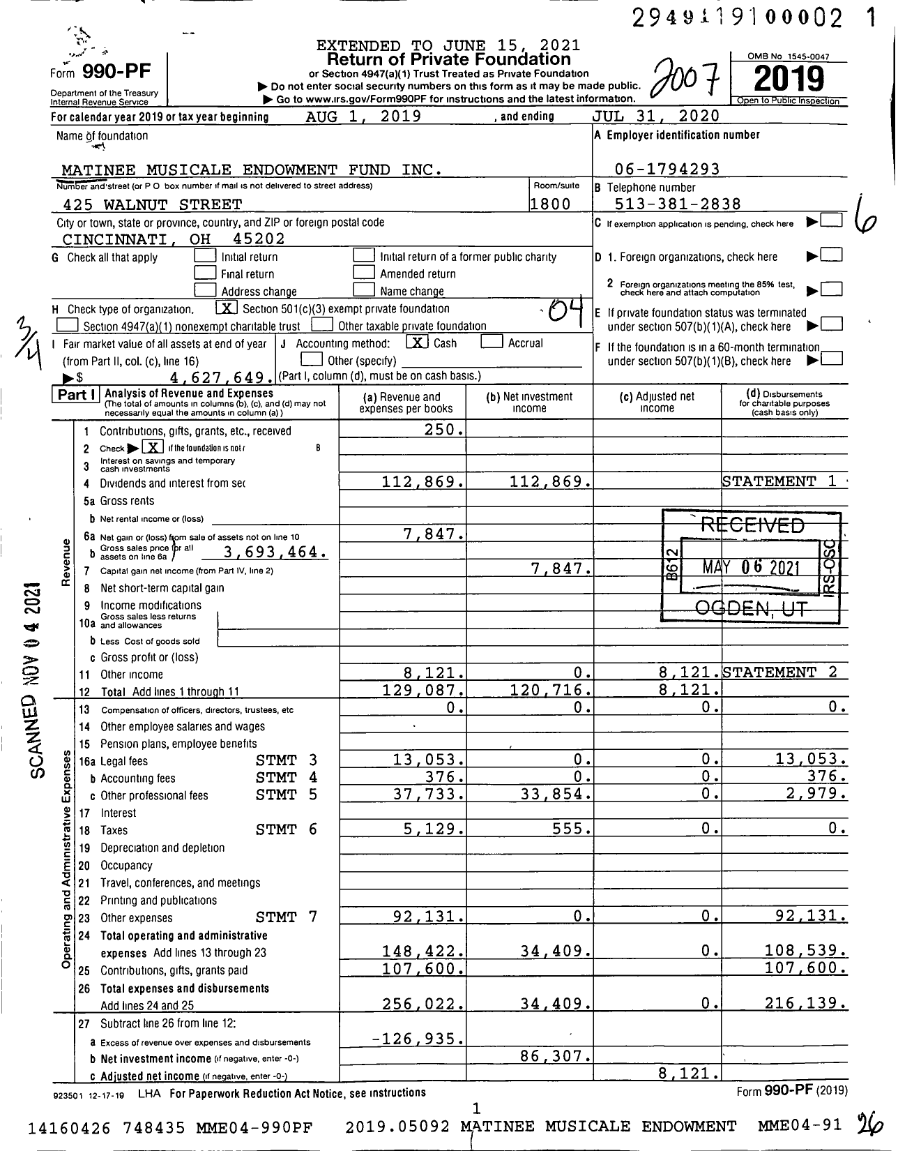 Image of first page of 2019 Form 990PF for Matinee Musicale Endowment Fund