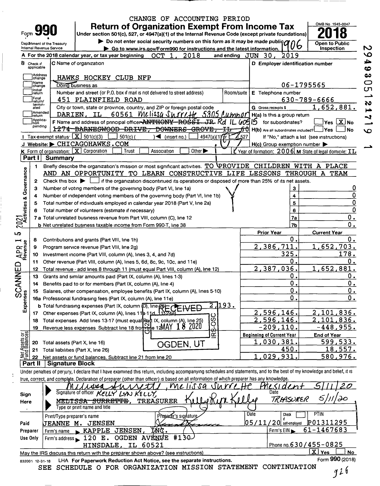 Image of first page of 2018 Form 990 for Chicago Hawks Youth Hockey Club