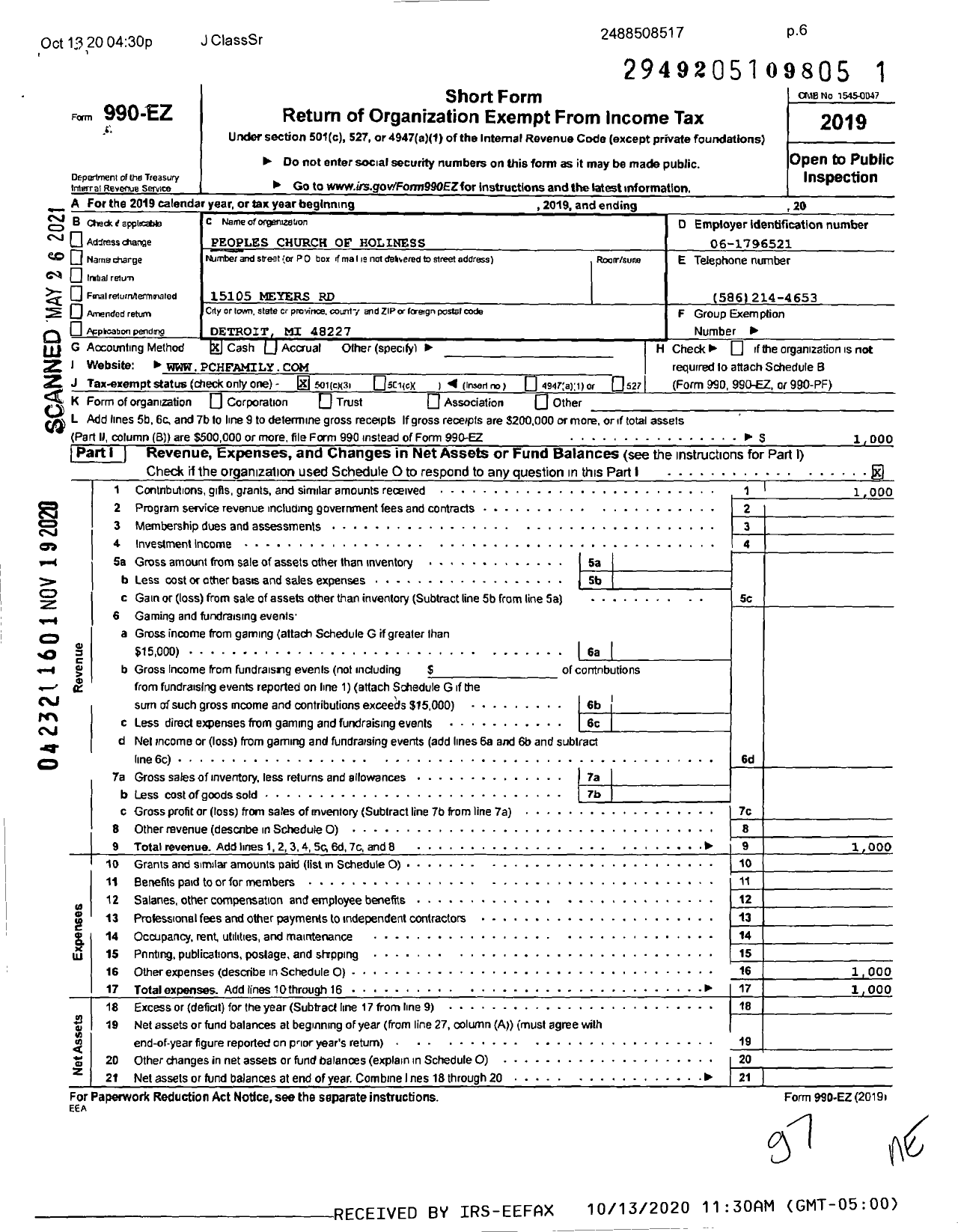 Image of first page of 2019 Form 990EZ for Peoples Church of Holiness