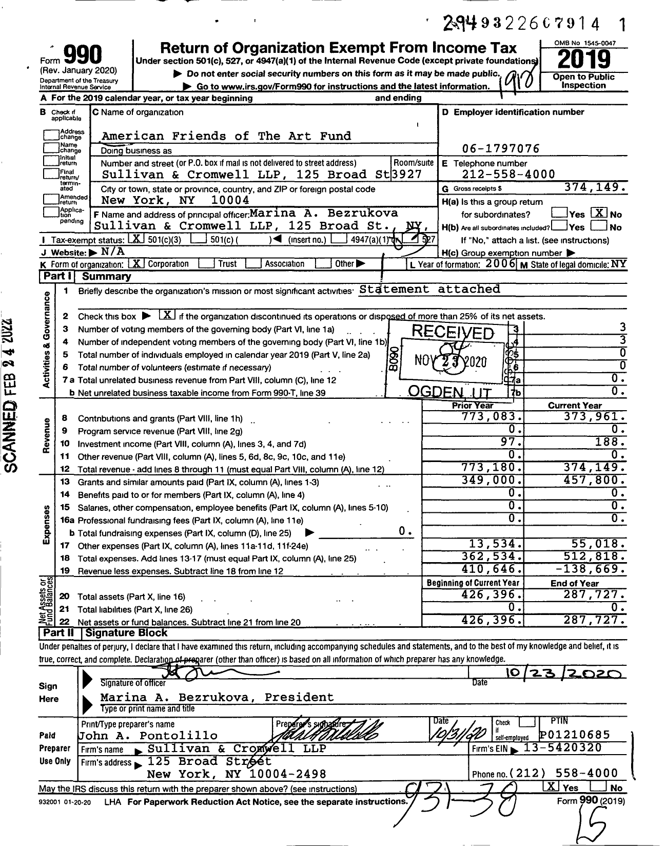 Image of first page of 2019 Form 990 for American Friends of The Art Fund