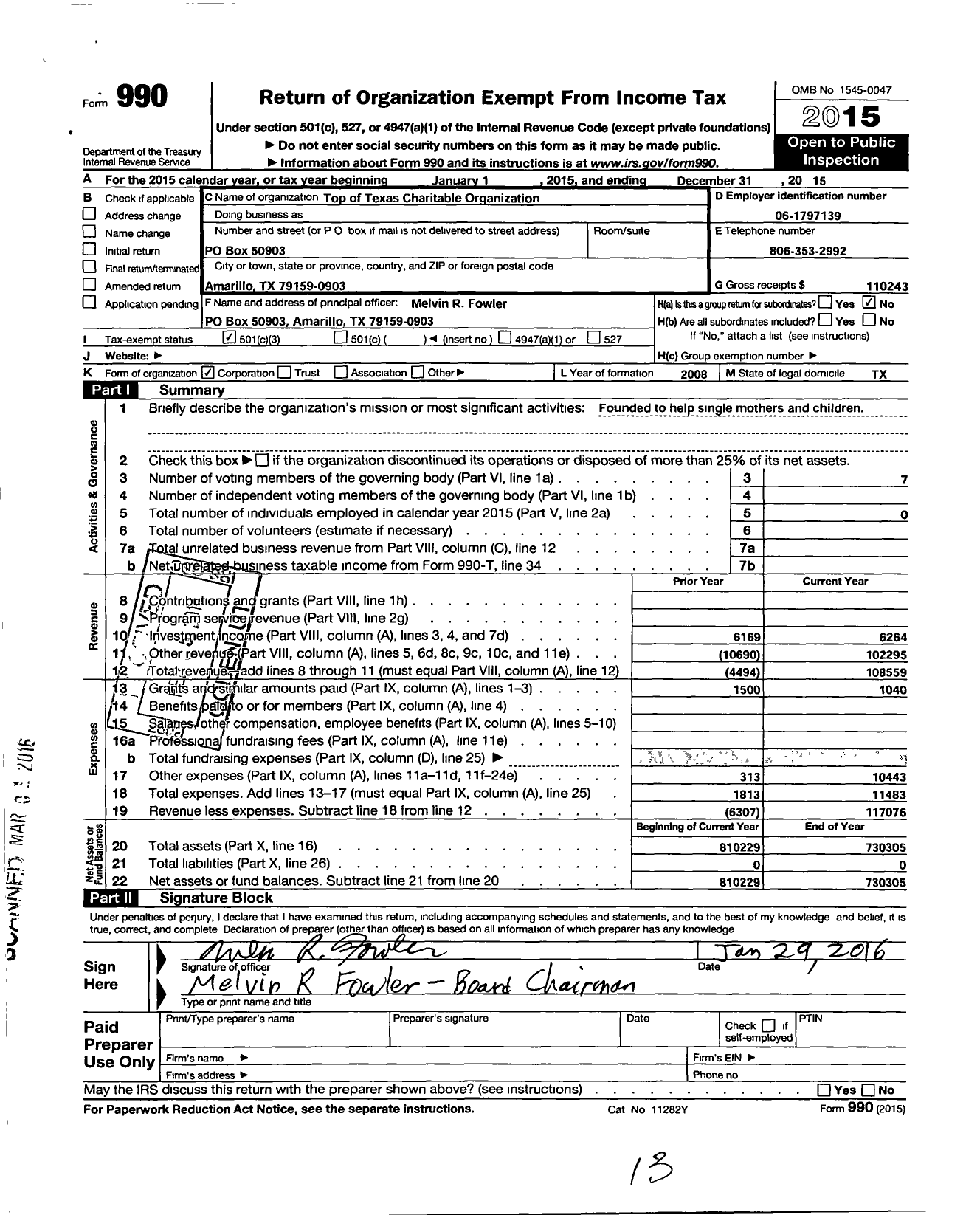 Image of first page of 2015 Form 990 for Top of Texas Charitable Organization