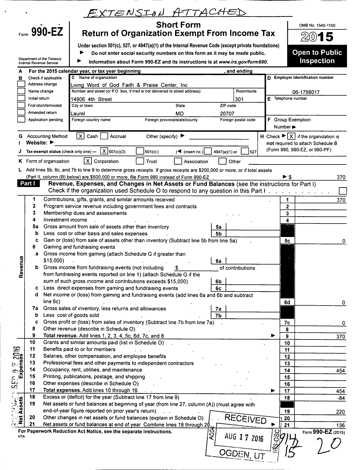 Image of first page of 2015 Form 990EZ for Living Word of God Faith and Praise Center