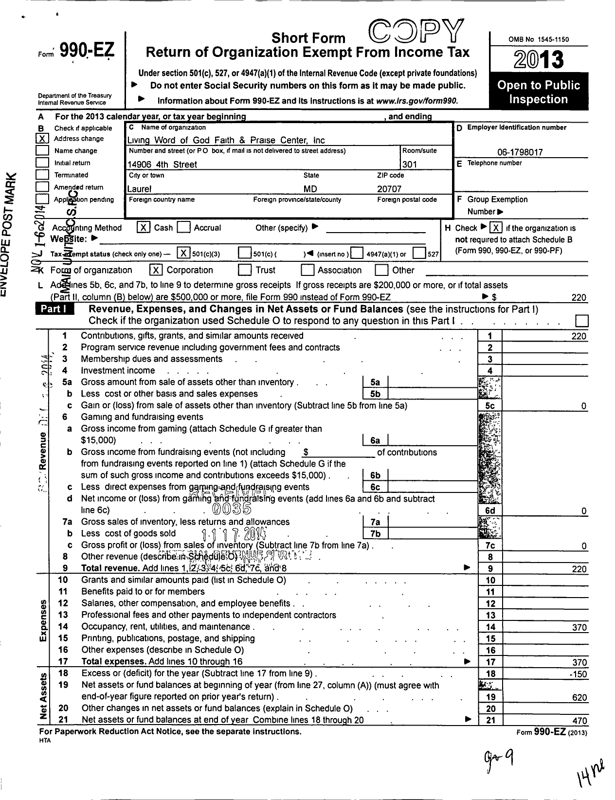 Image of first page of 2013 Form 990EZ for Living Word of God Faith and Praise Center