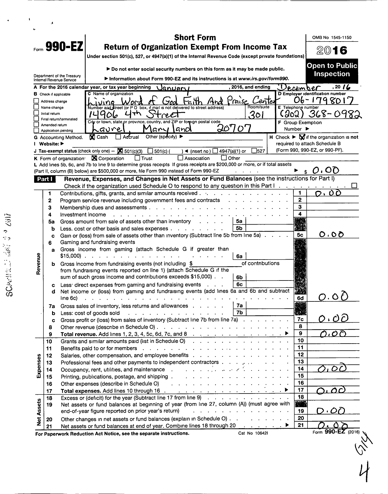 Image of first page of 2016 Form 990EZ for Living Word of God Faith and Praise Center