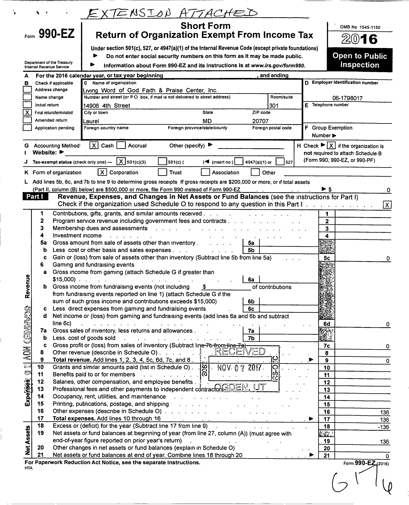 Image of first page of 2016 Form 990EZ for Living Word of God Faith and Praise Center