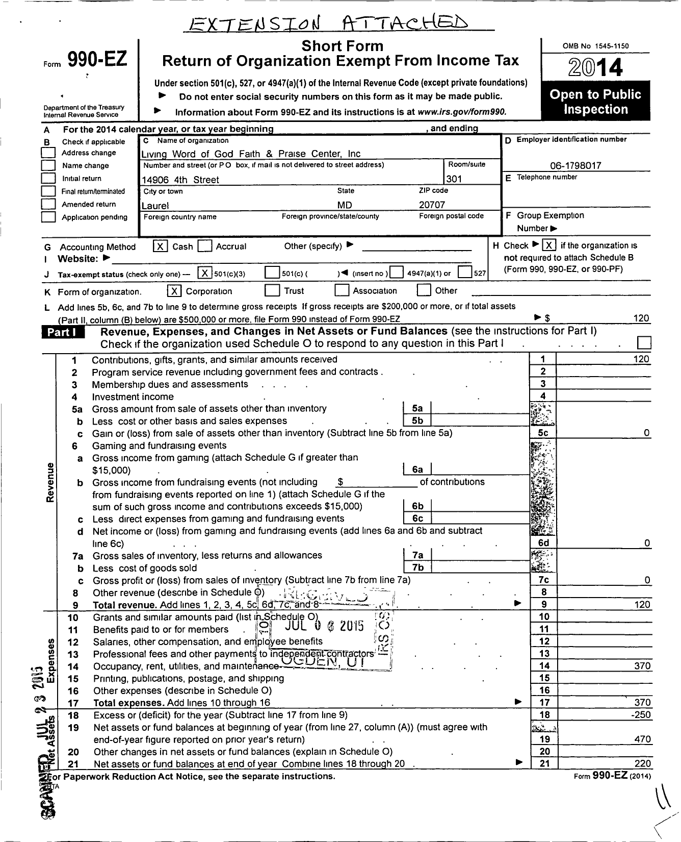 Image of first page of 2014 Form 990EZ for Living Word of God Faith and Praise Center