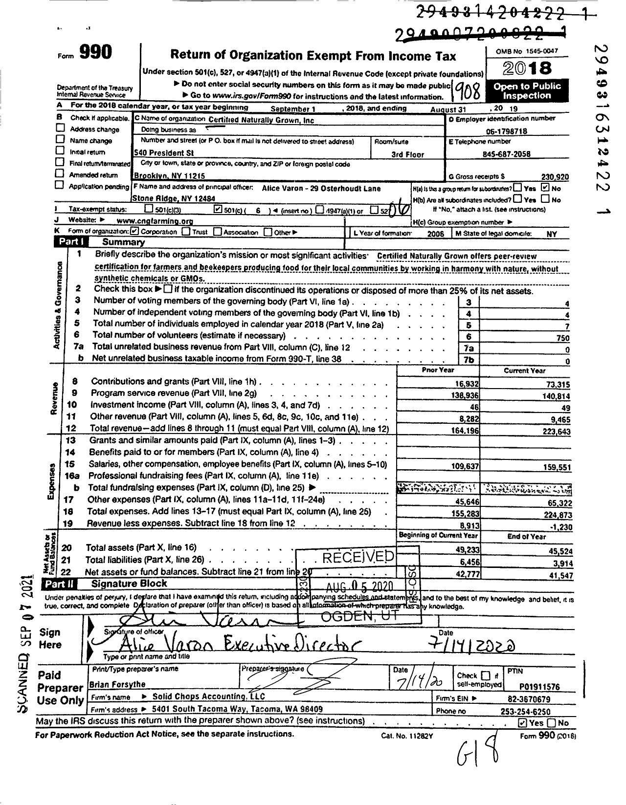 Image of first page of 2018 Form 990O for Certified Naturally Grown