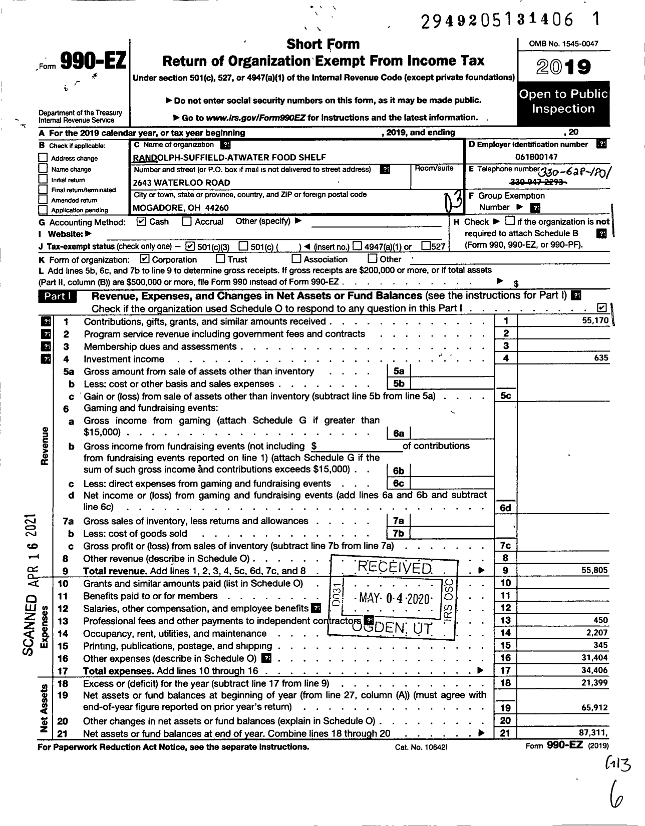 Image of first page of 2019 Form 990EZ for Randolph-Suffield-Atwater Food Shelf