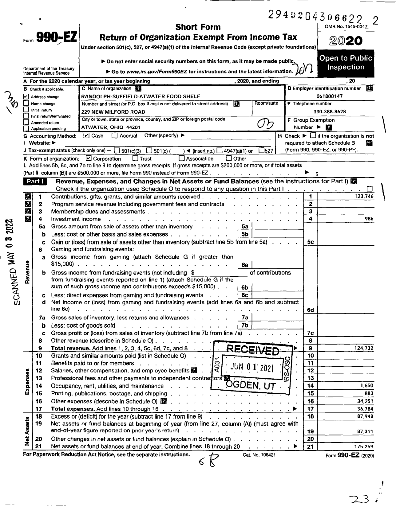 Image of first page of 2020 Form 990EZ for Randolph-Suffield-Atwater Food Shelf