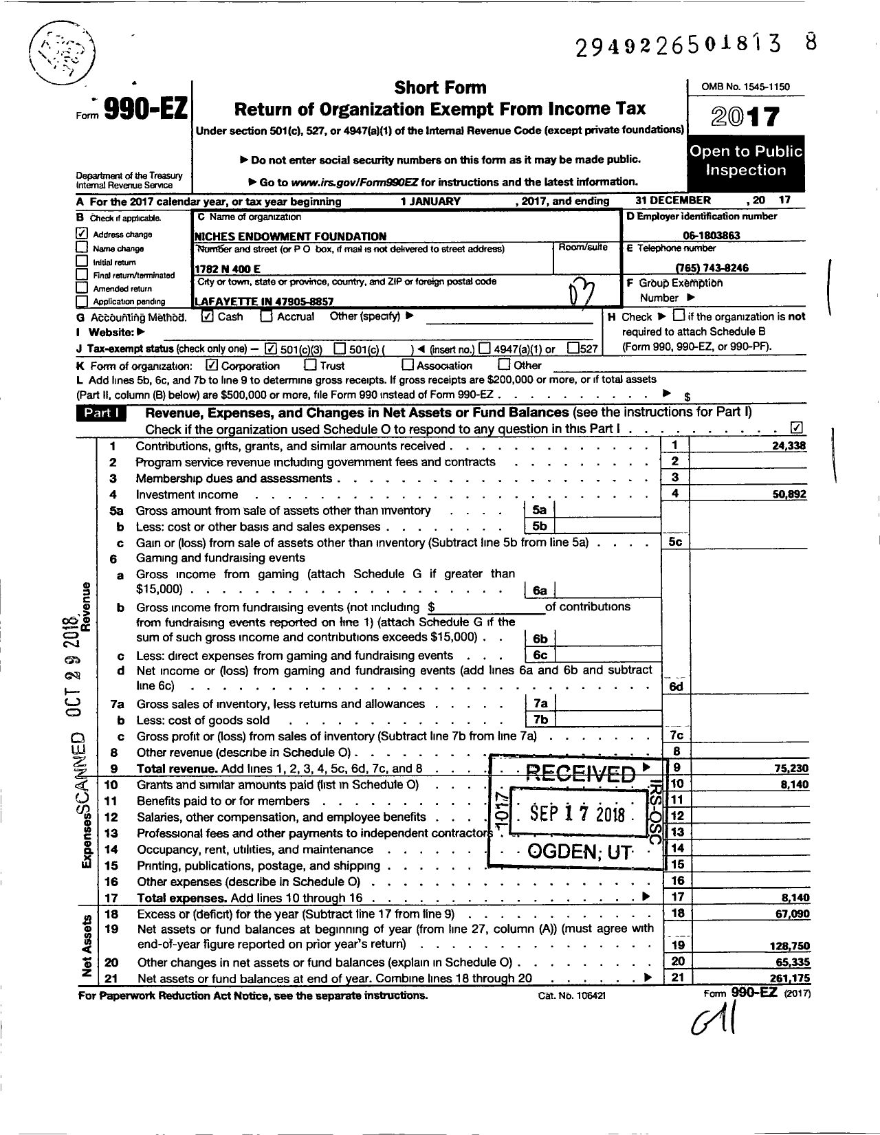 Image of first page of 2017 Form 990EZ for Niches Endowment Foundation