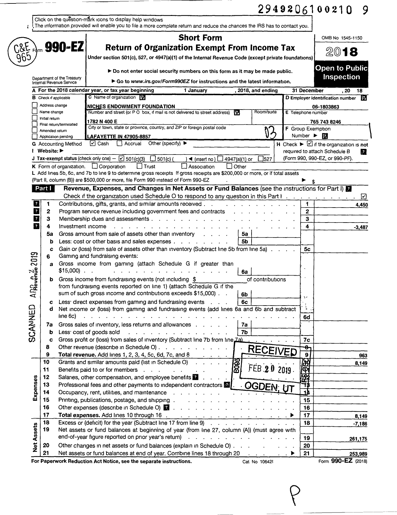 Image of first page of 2018 Form 990EZ for Niches Endowment Foundation