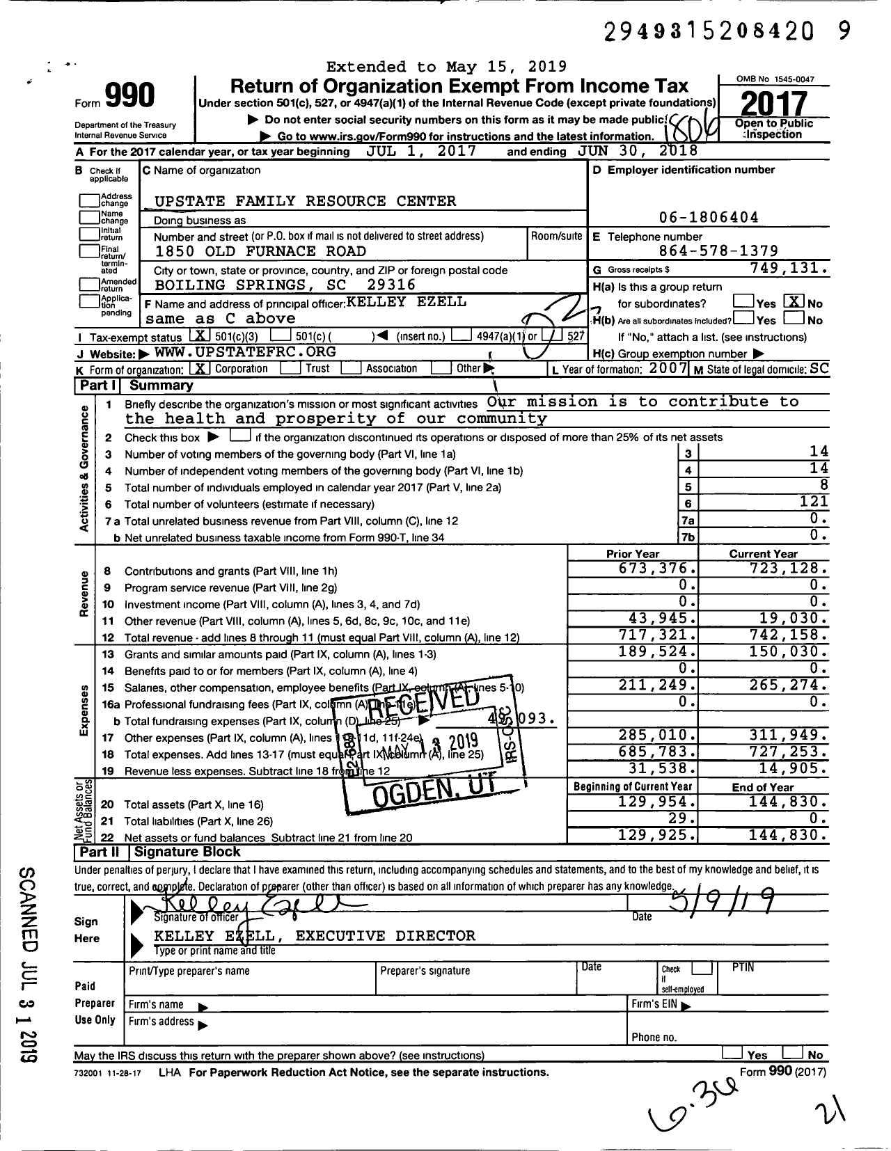 Image of first page of 2017 Form 990 for Upstate Family Resource Center