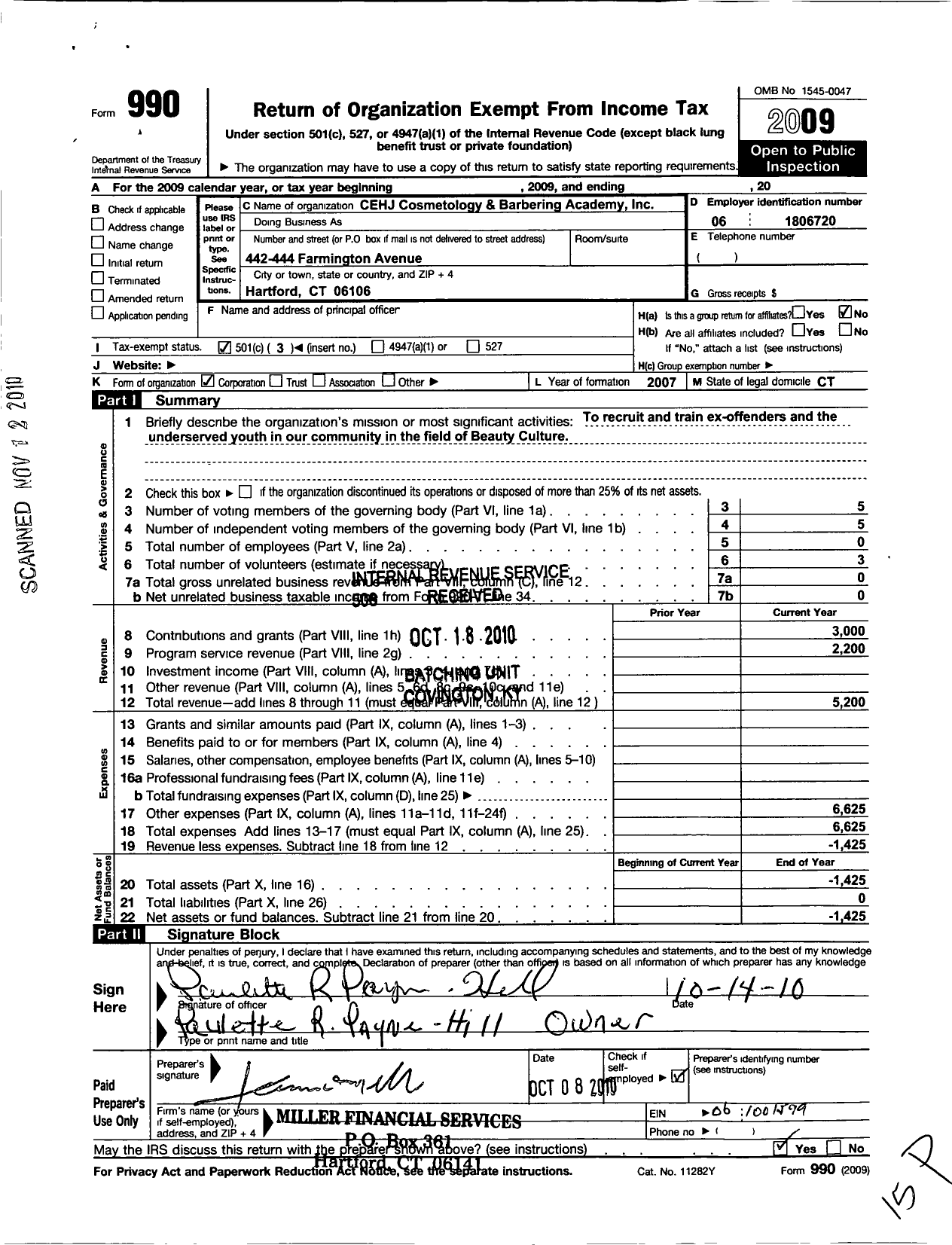 Image of first page of 2009 Form 990 for Cehj Cosmetology and Barbering Academy