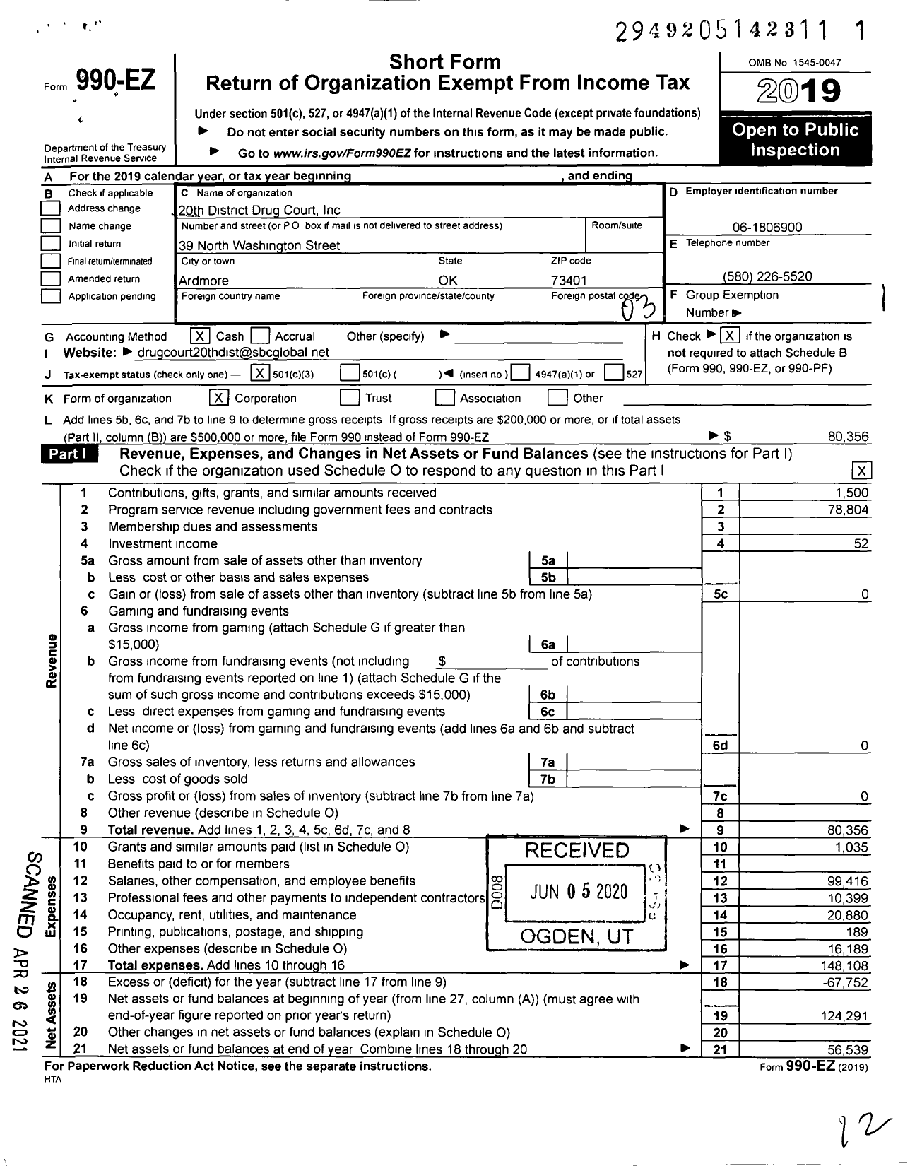 Image of first page of 2019 Form 990EZ for 20th District Drug Court