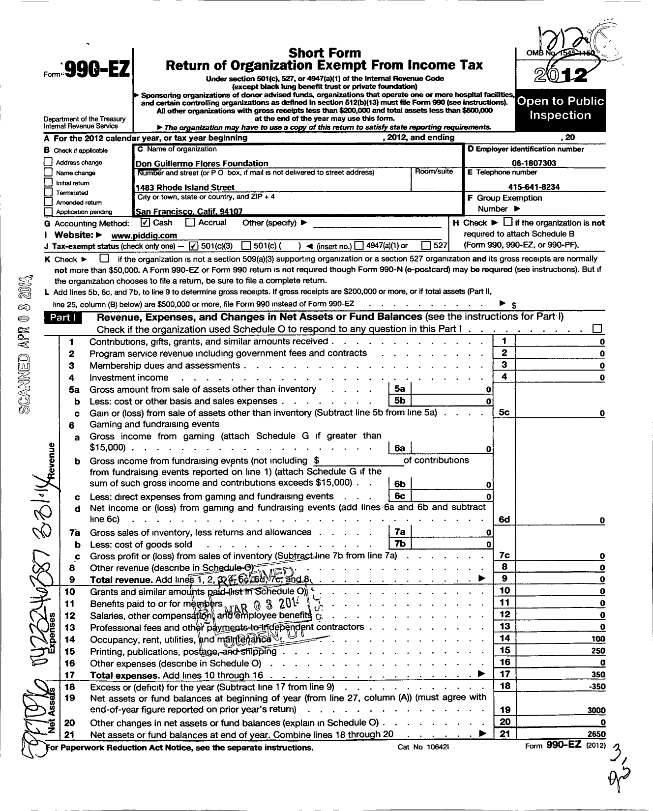 Image of first page of 2012 Form 990EZ for Don Guillermo V Flores Foundation